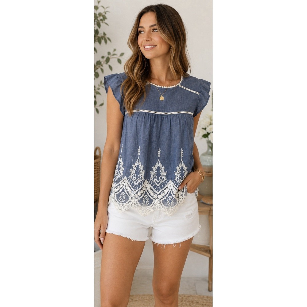 Abercrombie & Fitch XS Blue Chambray Crochet Lace Flutter Sleeve Boho Top Blouse